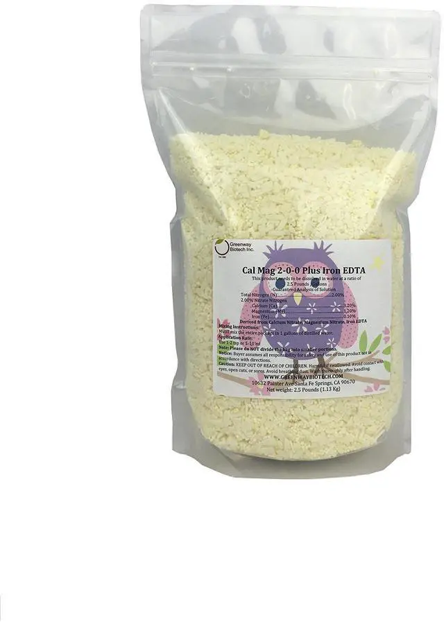 Main image of Greenway Biotech Cal-Mag Plus 2-0-0 Calcium Magnesium Supplement - 3.2% Calcium 1.2% Magnesium Chelated Iron (EDTA) - Water Soluble for Hydroponics Coco Coir RO Water - Heavy Metal Tested - 5 LB