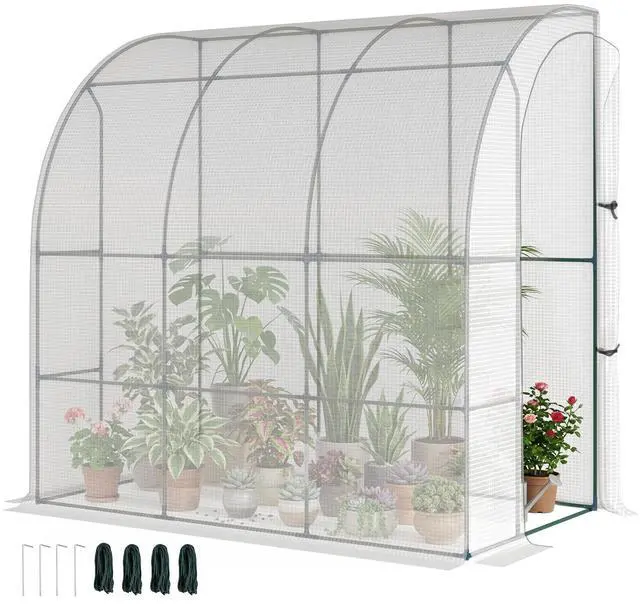 Main image of 7' x 4' x 7' Outdoor Lean to Greenhouse, Walk-in Green House Plant Nursery with Roll-up Window, PE Cover, White