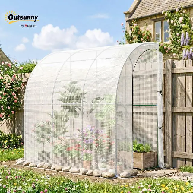 Alt view image 2 of 6 - 7' x 4' x 7' Outdoor Lean to Greenhouse, Walk-in Green House Plant Nursery with Roll-up Window, PE Cover, White