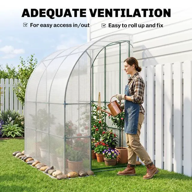 Alt view image 5 of 6 - 7' x 4' x 7' Outdoor Lean to Greenhouse, Walk-in Green House Plant Nursery with Roll-up Window, PE Cover, White