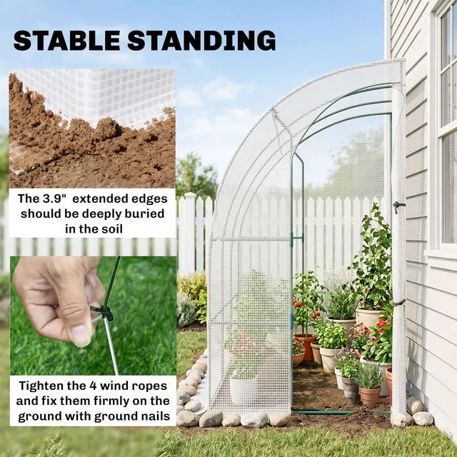 Alt view image 6 of 6 - 7' x 4' x 7' Outdoor Lean to Greenhouse, Walk-in Green House Plant Nursery with Roll-up Window, PE Cover, White