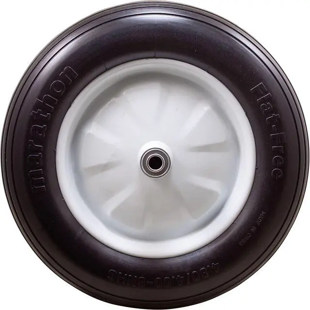 Alt view image 2 of 6 - 4.80/4.00-8" Flat Free Wheelbarrow Tire on Wheel, 6" Centered Hub, 5/8" Ball Bearings, Ribbed Tread