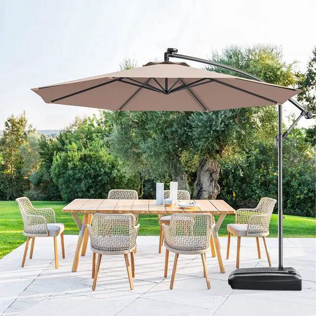 Alt view image 2 of 6 - 10ft Offset Patio Umbrella with Cross Base, Tan, Polyester Fabric, 96% Sunlight Protection