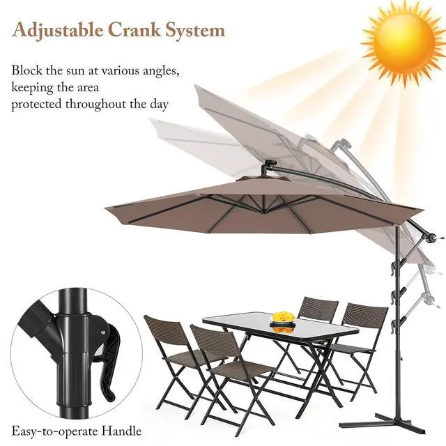 Alt view image 3 of 6 - 10ft Offset Patio Umbrella with Cross Base, Tan, Polyester Fabric, 96% Sunlight Protection
