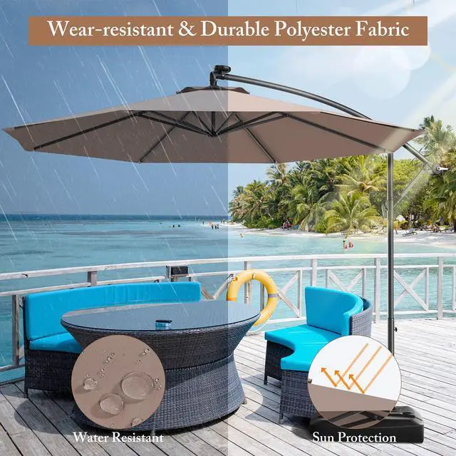 Alt view image 4 of 6 - 10ft Offset Patio Umbrella with Cross Base, Tan, Polyester Fabric, 96% Sunlight Protection