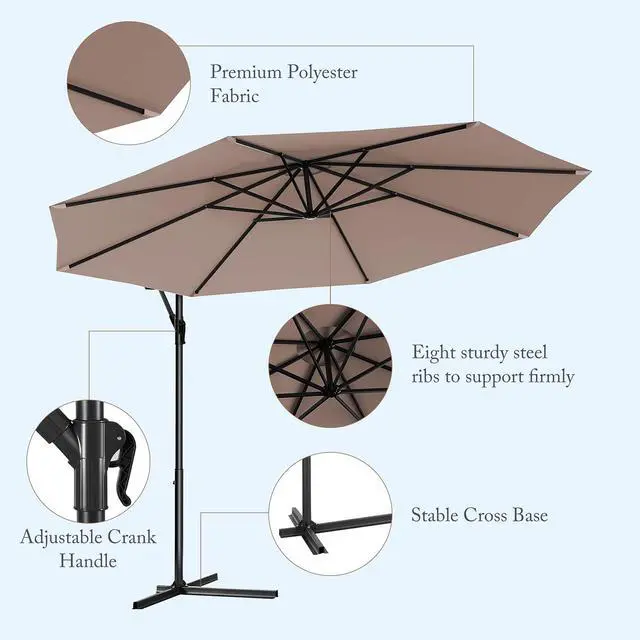 Alt view image 6 of 6 - 10ft Offset Patio Umbrella with Cross Base, Tan, Polyester Fabric, 96% Sunlight Protection
