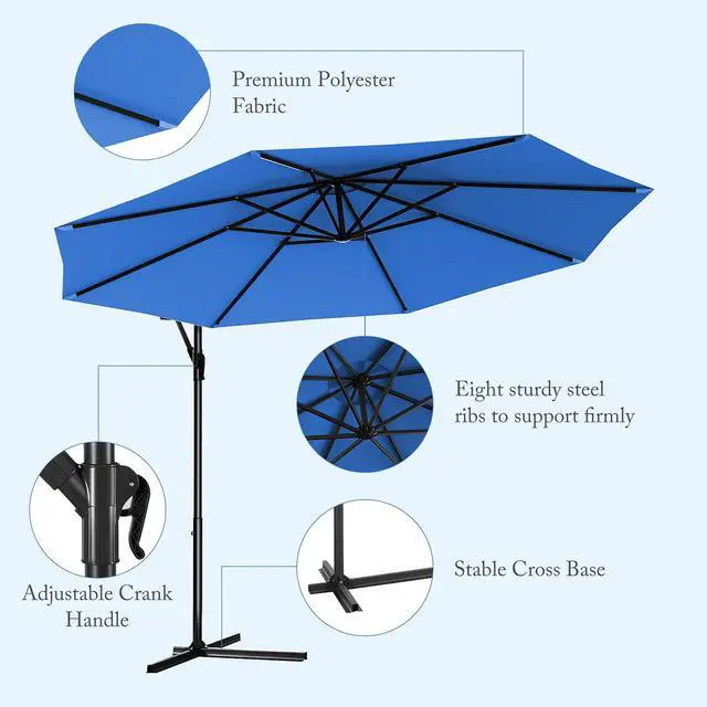 Alt view image 5 of 6 - Patio Umbrella, 10ft Offset, with Strong Steel Pole and 8 Ribs, Blue Color, for Large Patio Areas