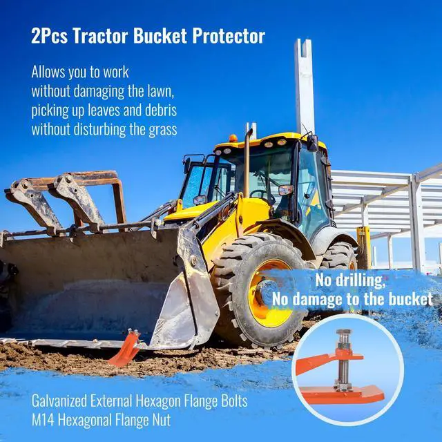 Alt view image 6 of 6 - 2Pcs Tractor Bucket Edge Protector, 3/8'' Thick Snow Skid Tamer, Double Hex Lock Nuts & Bolts Included for Snow Removal, Leaves, Gravel Spreading, Orange