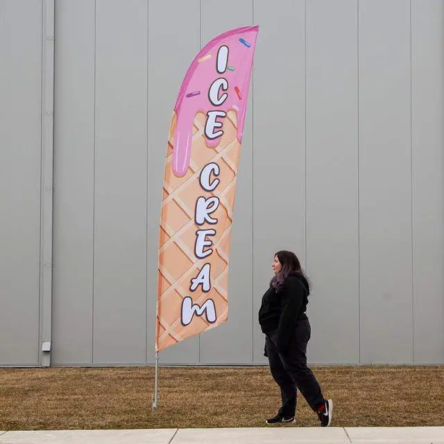 Alt view image 2 of 6 - Ice Cream Feather Flag Kit 13.5ft Advertising Flag with Pole Set and Ground Spike for Ice Cream Stand Weather-Resistant Knitted Polyester Printed in the USA