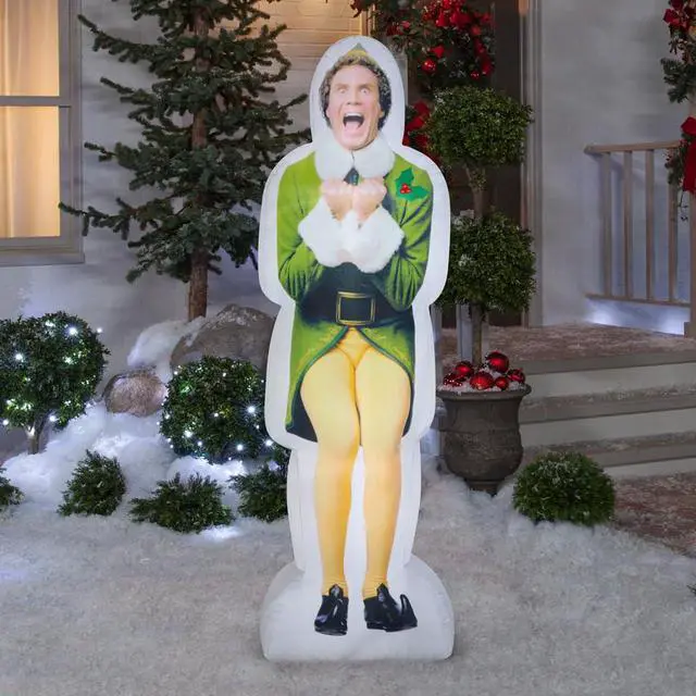 Alt view image 2 of 5 - Photorealistic Christmas Airblown Inflatable Excited Buddy The Elf S LG WB, 6 ft Tall, Green