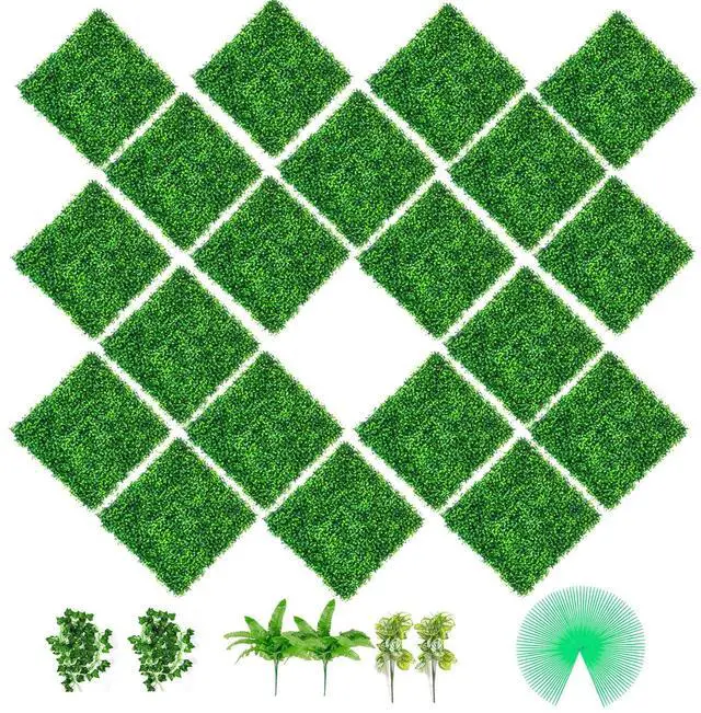 Main image of Artificial Boxwood Panels, 20 PCS 20"x20" Boxwood Hedge Wall Panels, PE Artificial Grass Backdrop Wall 1.6", Privacy Hedge Screen for Decoration of Outdoor, Indoor, Garden, Fence, and Backyard