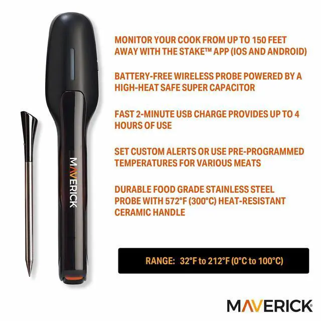 Alt view image 2 of 6 - Stake Wireless Bluetooth Meat Thermometer, Battery-Free Probe, 2-Min USB Charge (Up to 4 Hrs), 32-ft App Range (iOS/Android), 572°F Ceramic Handle, Alerts, Graphs & Up to 8 Probes (BT-150)
