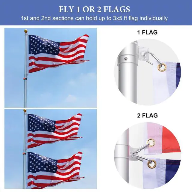 Alt view image 4 of 6 - Upgraded 20ft Telescopic Heavy Duty Aluminum Flag Pole 3'x5' US Flag & Ball Top Kit Flagpole for Residential Commercial Yard