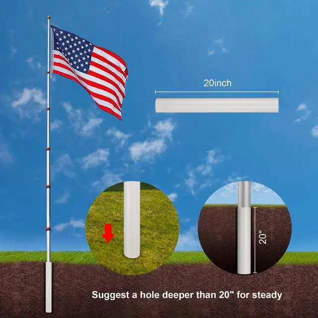 Alt view image 6 of 6 - Upgraded 20ft Telescopic Heavy Duty Aluminum Flag Pole 3'x5' US Flag & Ball Top Kit Flagpole for Residential Commercial Yard