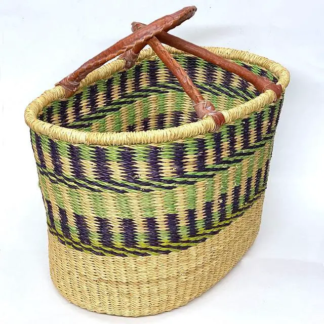 Alt view image 2 of 2 - Bolga Baskets International Large Oval w/ Two Leather Wrapped Handles (Colors Vary)