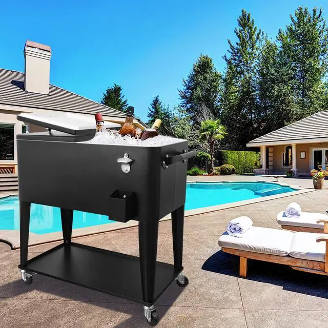 Alt view image 2 of 6 - 80 Quart Outdoor Patio Cooler on Wheels,Portable Beverage Rolling Cooler Cart for Backyard Deck, Ice Chest with Shelf, Water Pipe and Bottle Opener