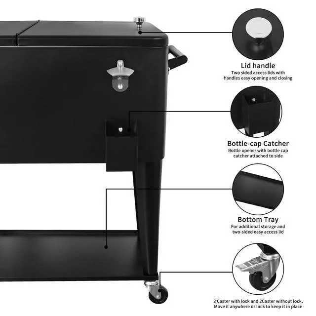 Alt view image 3 of 6 - 80 Quart Outdoor Patio Cooler on Wheels,Portable Beverage Rolling Cooler Cart for Backyard Deck, Ice Chest with Shelf, Water Pipe and Bottle Opener