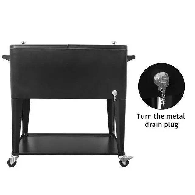 Alt view image 4 of 6 - 80 Quart Outdoor Patio Cooler on Wheels,Portable Beverage Rolling Cooler Cart for Backyard Deck, Ice Chest with Shelf, Water Pipe and Bottle Opener