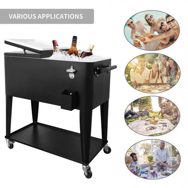 Alt view image 5 of 6 - 80 Quart Outdoor Patio Cooler on Wheels,Portable Beverage Rolling Cooler Cart for Backyard Deck, Ice Chest with Shelf, Water Pipe and Bottle Opener
