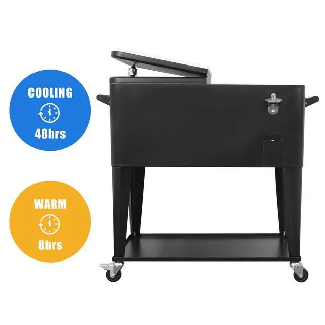Alt view image 6 of 6 - 80 Quart Outdoor Patio Cooler on Wheels,Portable Beverage Rolling Cooler Cart for Backyard Deck, Ice Chest with Shelf, Water Pipe and Bottle Opener
