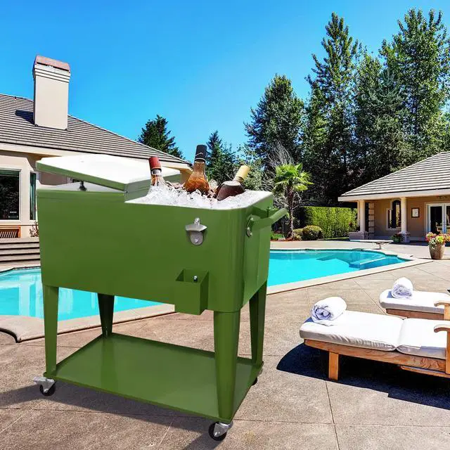 Alt view image 2 of 6 - 80 Quart Outdoor Patio Cooler on Wheels,Portable Beverage Rolling Cooler Cart for Backyard Deck, Ice Chest with Shelf, Water Pipe and Bottle Opener