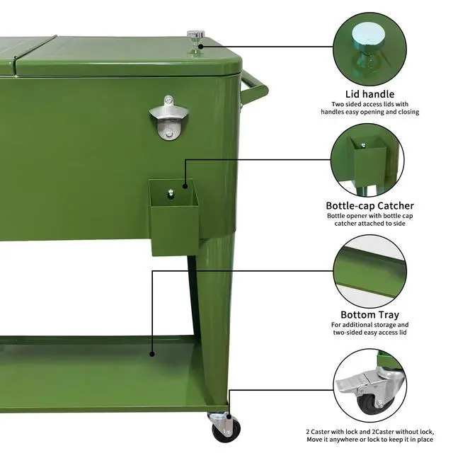 Alt view image 3 of 6 - 80 Quart Outdoor Patio Cooler on Wheels,Portable Beverage Rolling Cooler Cart for Backyard Deck, Ice Chest with Shelf, Water Pipe and Bottle Opener
