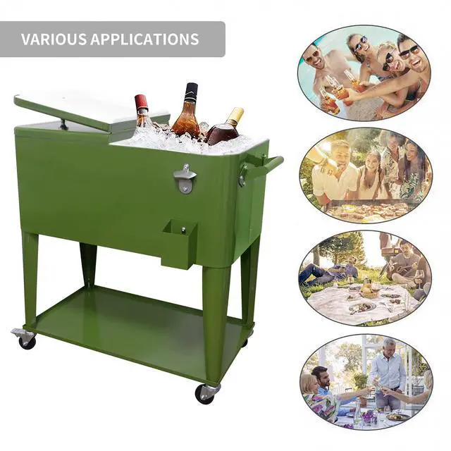 Alt view image 5 of 6 - 80 Quart Outdoor Patio Cooler on Wheels,Portable Beverage Rolling Cooler Cart for Backyard Deck, Ice Chest with Shelf, Water Pipe and Bottle Opener