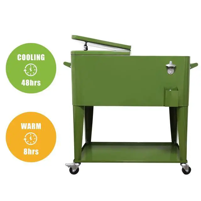 Alt view image 6 of 6 - 80 Quart Outdoor Patio Cooler on Wheels,Portable Beverage Rolling Cooler Cart for Backyard Deck, Ice Chest with Shelf, Water Pipe and Bottle Opener