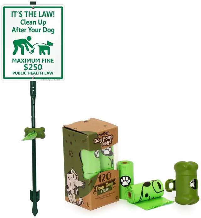 Main image of Its Law Clean Up After Your Dog Maximum Fine $250 Yard Sign & Clip-On Preloaded Dispenser Combo/Kit with 135 Dog Poop Waste Bags, 10"x12" Rust-proof Aluminum Sign with 3ft Steel Stake