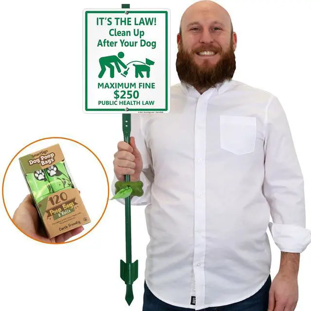 Alt view image 2 of 6 - Its Law Clean Up After Your Dog Maximum Fine $250 Yard Sign & Clip-On Preloaded Dispenser Combo/Kit with 135 Dog Poop Waste Bags, 10"x12" Rust-proof Aluminum Sign with 3ft Steel Stake
