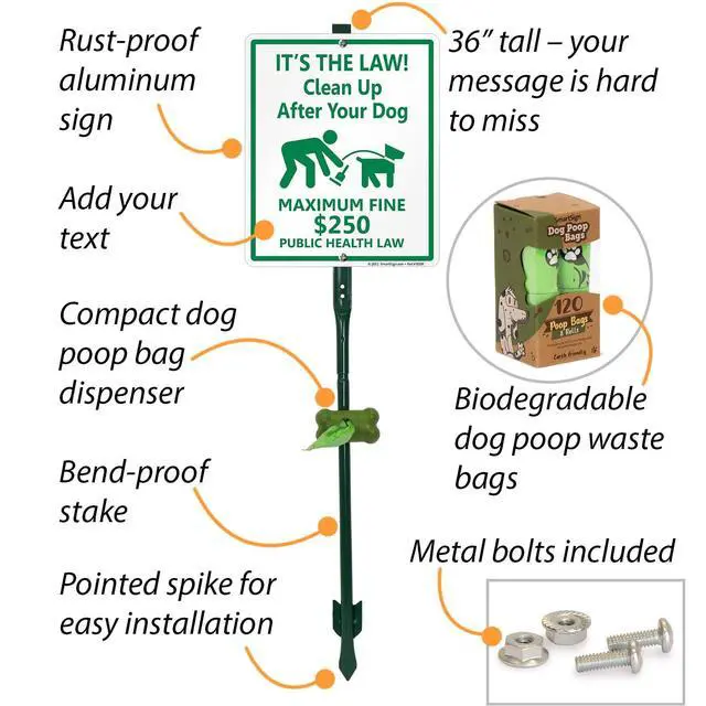 Alt view image 3 of 6 - Its Law Clean Up After Your Dog Maximum Fine $250 Yard Sign & Clip-On Preloaded Dispenser Combo/Kit with 135 Dog Poop Waste Bags, 10"x12" Rust-proof Aluminum Sign with 3ft Steel Stake