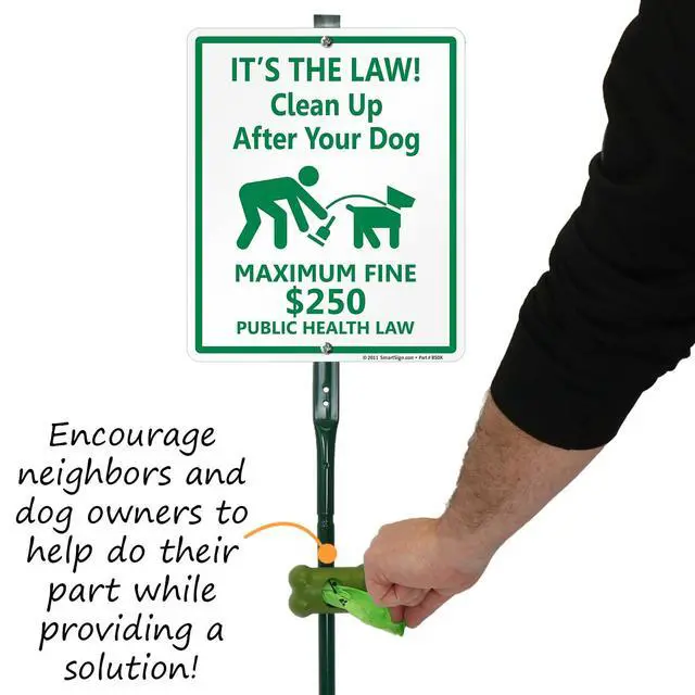 Alt view image 4 of 6 - Its Law Clean Up After Your Dog Maximum Fine $250 Yard Sign & Clip-On Preloaded Dispenser Combo/Kit with 135 Dog Poop Waste Bags, 10"x12" Rust-proof Aluminum Sign with 3ft Steel Stake