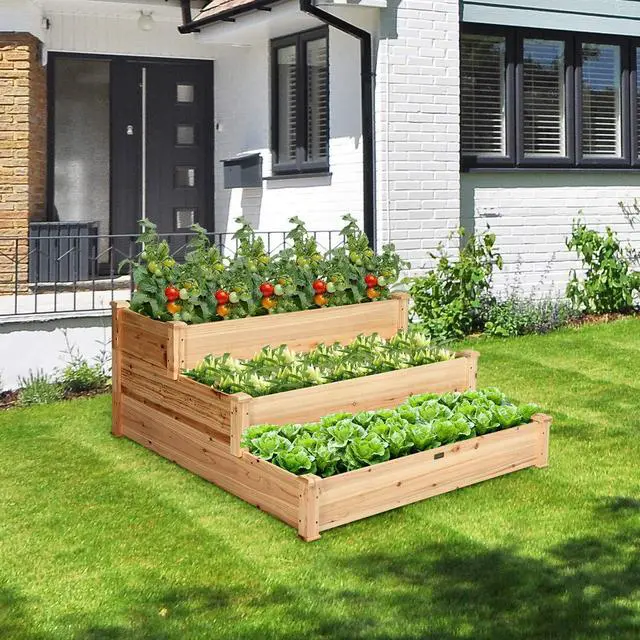 Alt view image 2 of 6 - 3 Tier Raised Garden Bed, Outdoor Planter Box Vegetable Flowers Growing Box, Elevated Raised Bed Kit, Wood Planting Container, 49x49x22 (LxWxH)