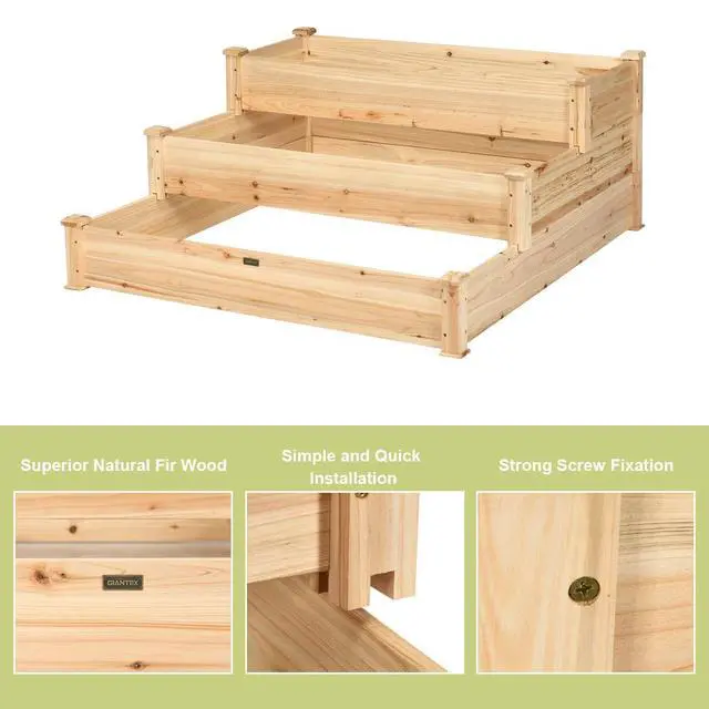 Alt view image 3 of 6 - 3 Tier Raised Garden Bed, Outdoor Planter Box Vegetable Flowers Growing Box, Elevated Raised Bed Kit, Wood Planting Container, 49x49x22 (LxWxH)