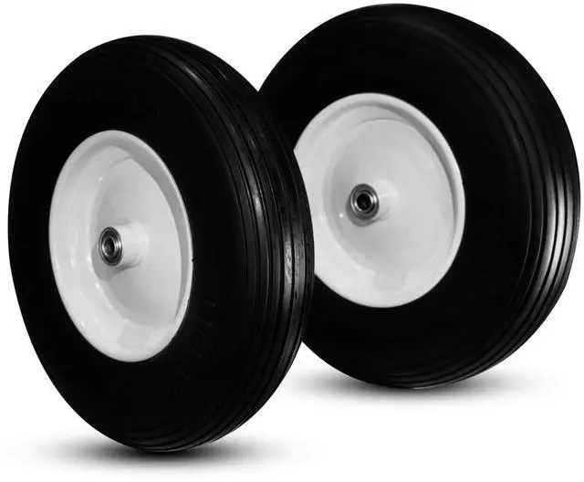 Main image of Two New T157 Ribbed 4.80/4.00-8" Flat Free Wheelbarrow/Cart Universal 16" Tires w/Steel Rim, Bore 5/8" or 3/4", Hub 3-6"