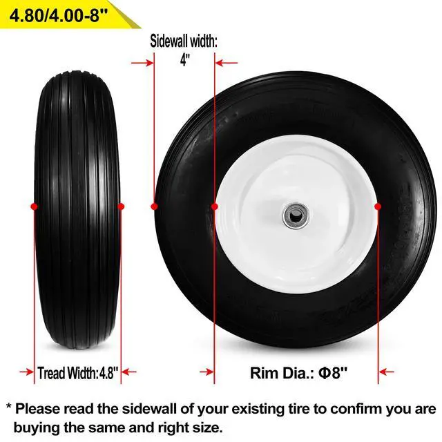 Alt view image 2 of 6 - Two New T157 Ribbed 4.80/4.00-8" Flat Free Wheelbarrow/Cart Universal 16" Tires w/Steel Rim, Bore 5/8" or 3/4", Hub 3-6"