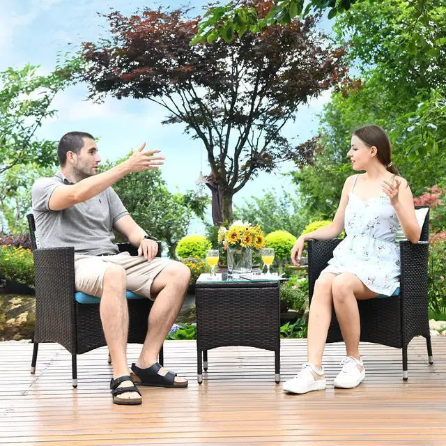 Alt view image 3 of 6 - Patio Furniture Set 3 Piece, Outdoor Wicker Rattan Conversation Set with Coffee Table, Chairs & Thick Cushions, Suitable for Patio Garden Lawn Backyard Pool