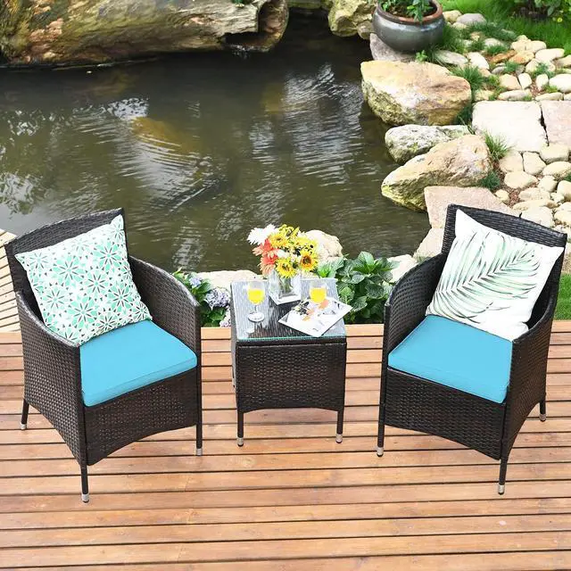 Alt view image 4 of 6 - Patio Furniture Set 3 Piece, Outdoor Wicker Rattan Conversation Set with Coffee Table, Chairs & Thick Cushions, Suitable for Patio Garden Lawn Backyard Pool