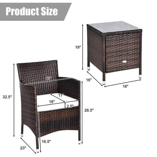 Alt view image 6 of 6 - Patio Furniture Set 3 Piece, Outdoor Wicker Rattan Conversation Set with Coffee Table, Chairs & Thick Cushions, Suitable for Patio Garden Lawn Backyard Pool