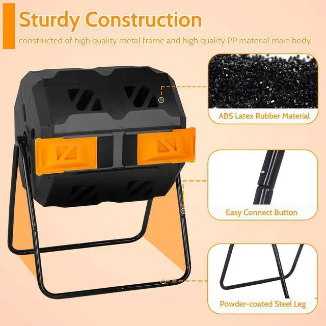 Alt view image 2 of 6 - Composting Bins 43 Gallon Outdoor Tumbling Compost Bin Compost Tumbler Bucket Trash Can w/Dual Chamber Sliding Doors for Garden Patio,Orange Door