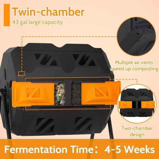 Alt view image 4 of 6 - Composting Bins 43 Gallon Outdoor Tumbling Compost Bin Compost Tumbler Bucket Trash Can w/Dual Chamber Sliding Doors for Garden Patio,Orange Door