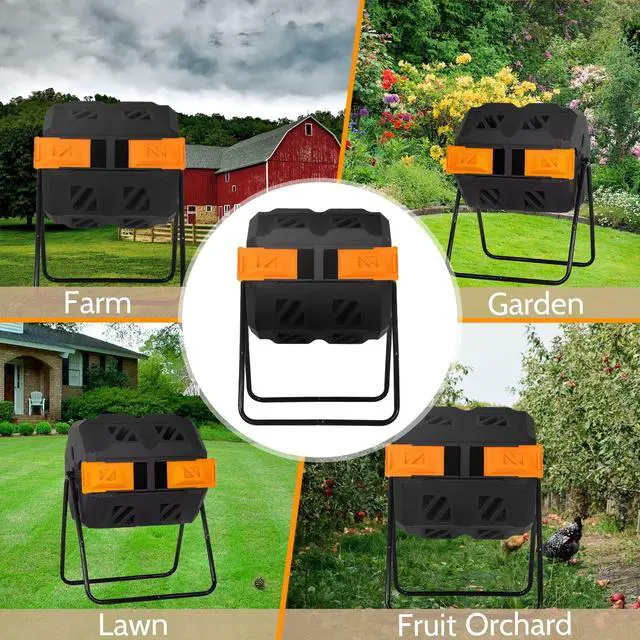 Alt view image 5 of 6 - Composting Bins 43 Gallon Outdoor Tumbling Compost Bin Compost Tumbler Bucket Trash Can w/Dual Chamber Sliding Doors for Garden Patio,Orange Door