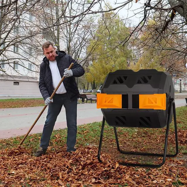 Alt view image 6 of 6 - Composting Bins 43 Gallon Outdoor Tumbling Compost Bin Compost Tumbler Bucket Trash Can w/Dual Chamber Sliding Doors for Garden Patio,Orange Door