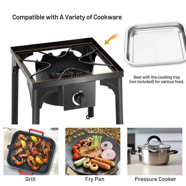 Alt view image 5 of 6 - Outdoor Single Burner Stove, High Pressure Burner Stand Max. 100,000 BTU, 0-20 PSI Regulator Detachable Legs, Portable Propane Grill Burner Stove for Camping Picnic Cookout
