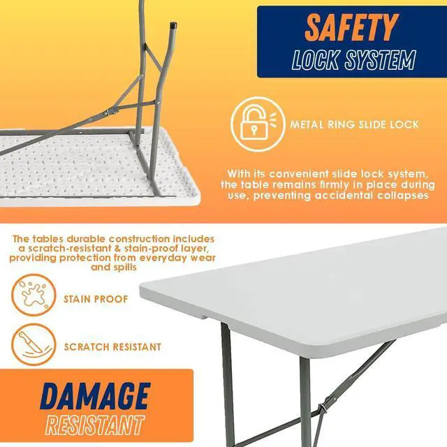 Alt view image 3 of 6 - Folding Table Indoor Outdoor Heavy Duty Portable Folding Plastic Dining Table w/Handle, Lock for Picnic, Party, Camping - White (4ft, 6ft, 8ft) (6ft)