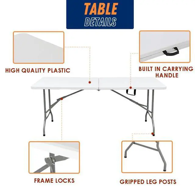 Alt view image 5 of 6 - Folding Table Indoor Outdoor Heavy Duty Portable Folding Plastic Dining Table w/Handle, Lock for Picnic, Party, Camping - White (4ft, 6ft, 8ft) (6ft)