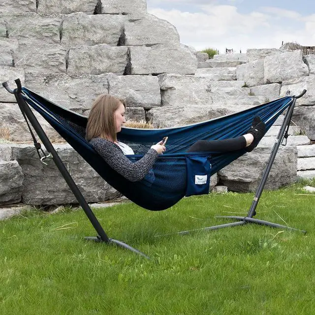 Alt view image 5 of 5 - C9MESH-42 Hammock with Stand, Navy and Turquoise