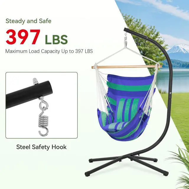 Alt view image 3 of 6 - Hanging Hammock Chair Stand | Outdoor, Solid Steel, Heavy Duty Construction, C Stand Air Porch Swing, Stand Only