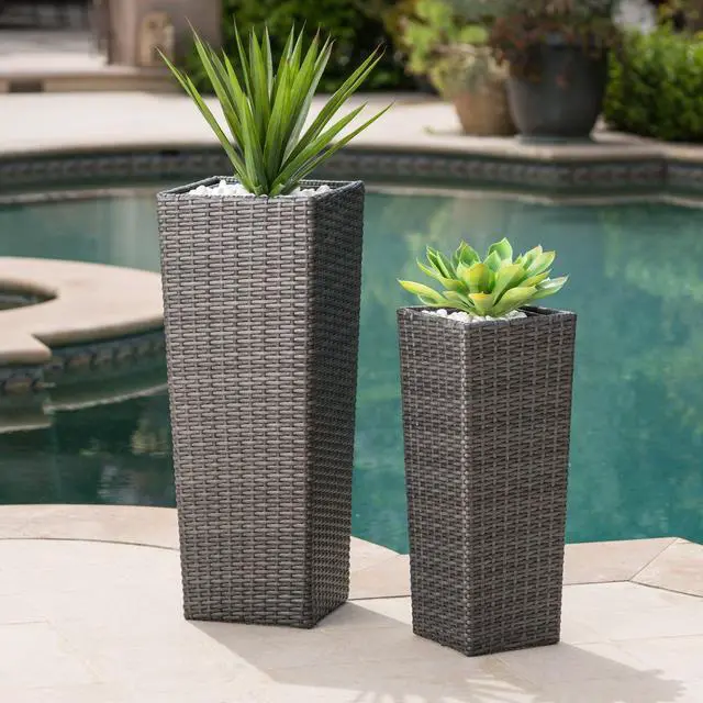 Alt view image 2 of 2 - Outdoor Wicker Flower Pots (Set of 2) (Grey)