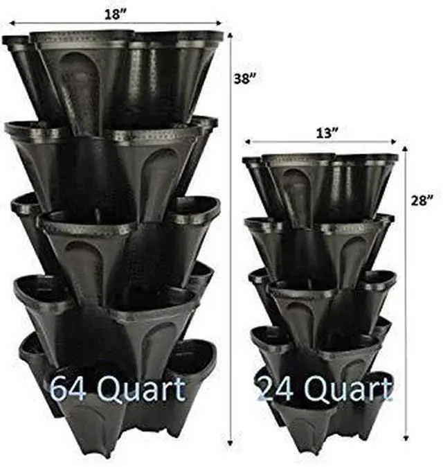 Alt view image 3 of 5 - Large 64 Quart Stackable Planter 5-Pack - Grow More in Less Space - Plant Pots and Stack - DIY Vertical Gardening System - for Growing Veggies, Herbs, Garden Greens, Starwberries (Black)